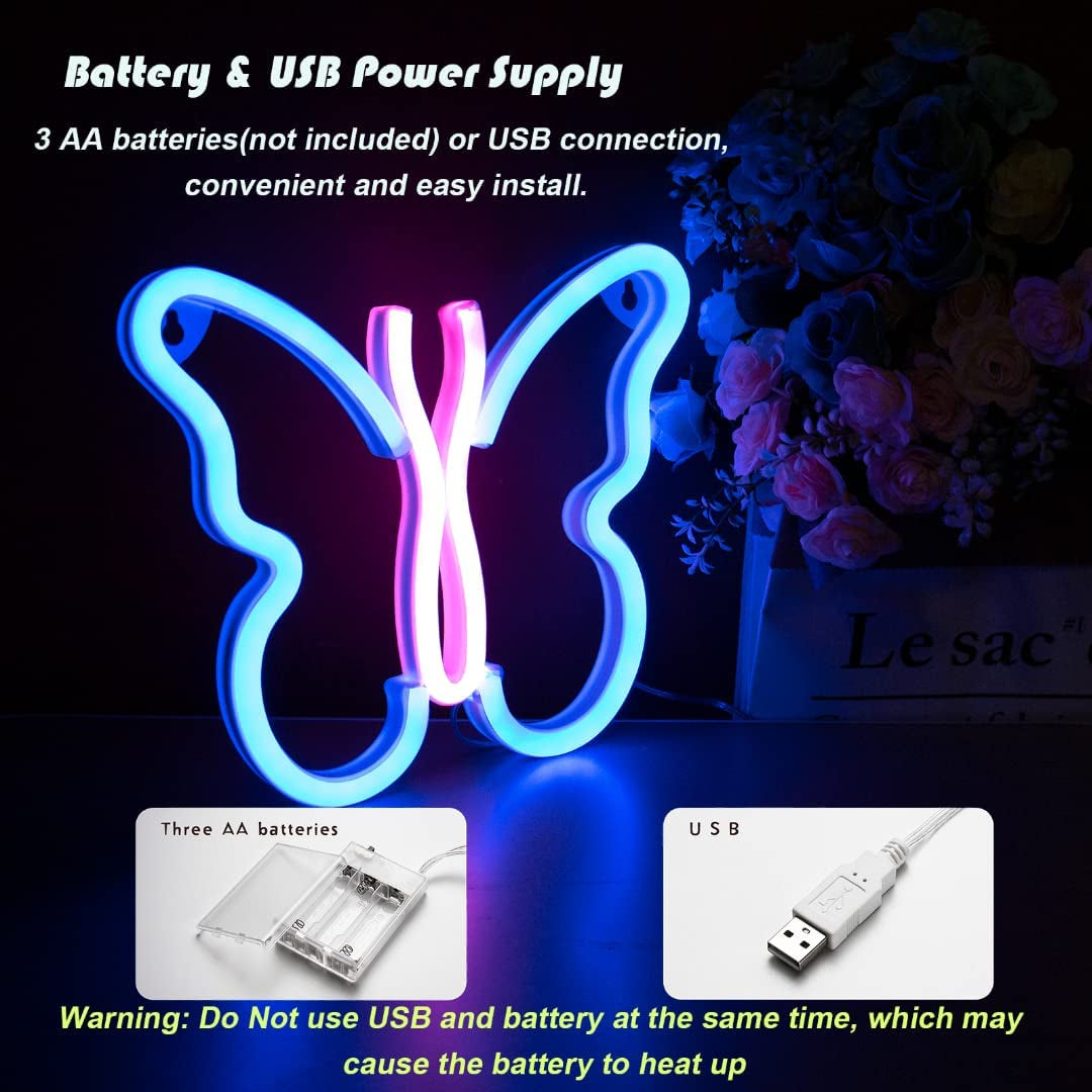 Butterfly Neon Signs Lights for Bedroom Wall Decor, USB or Battery LED Neon Night Light Wall Decoration, Aesthetic Room Decor for Girls, Kids, Living Room, Bar, Dorm, Men Cave (Butterfly Neon Sign Blue Pink)