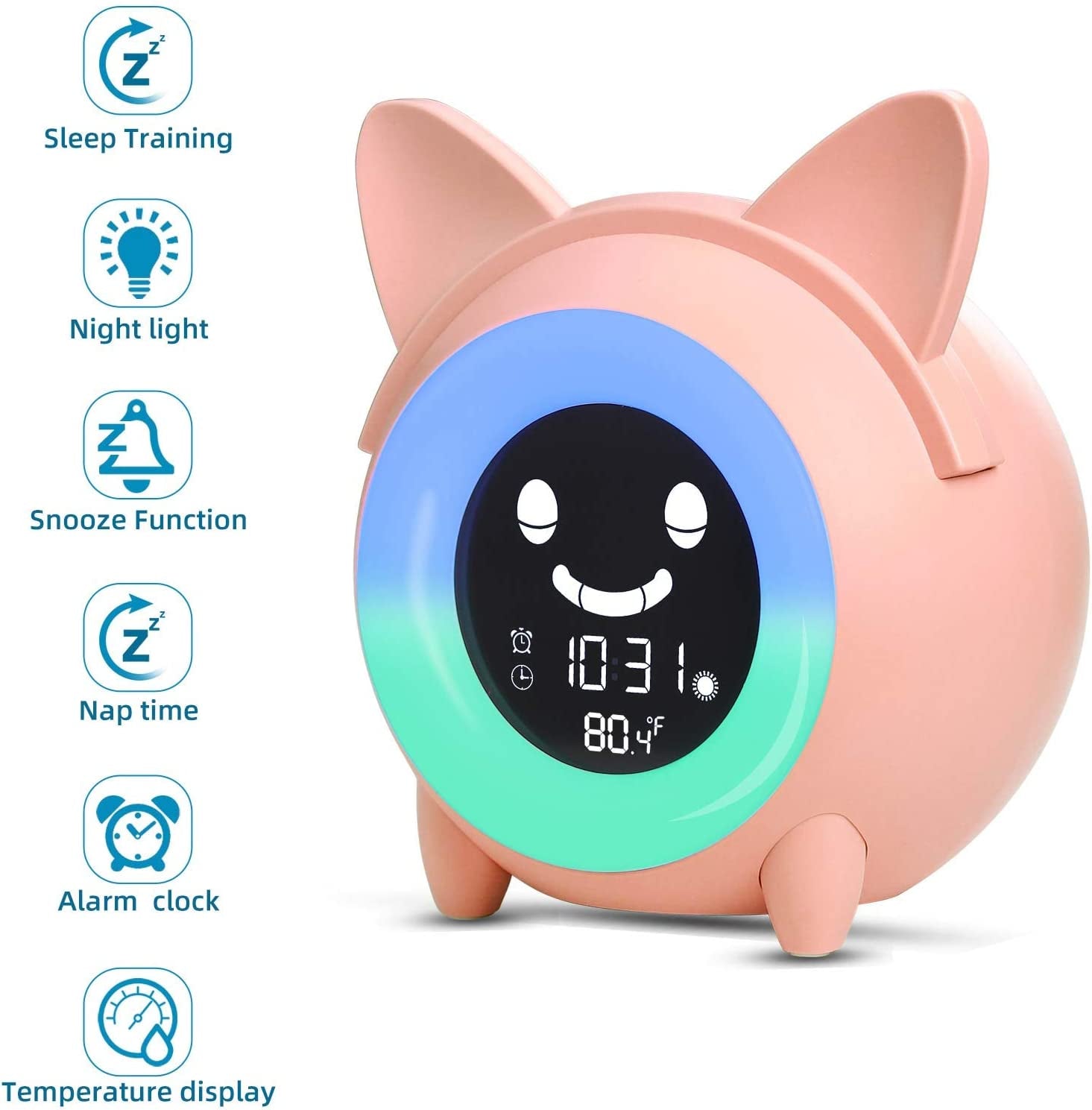 Kids Alarm Clock, Children'S Sleep Trainer, OK to Wake Clock for Bedroom Cute Digital Clock with Temperature, 5 Colors Smart Night Light Clock Teaching Boys Girls When to Wake up (Pink)