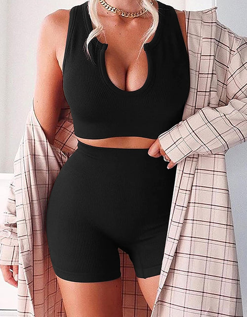 Load image into Gallery viewer, Seamless Workout Sets for Women 2 Piece Yoga Outfits Ribbed High Waist Leggings with Sports Bra Gym Set.
