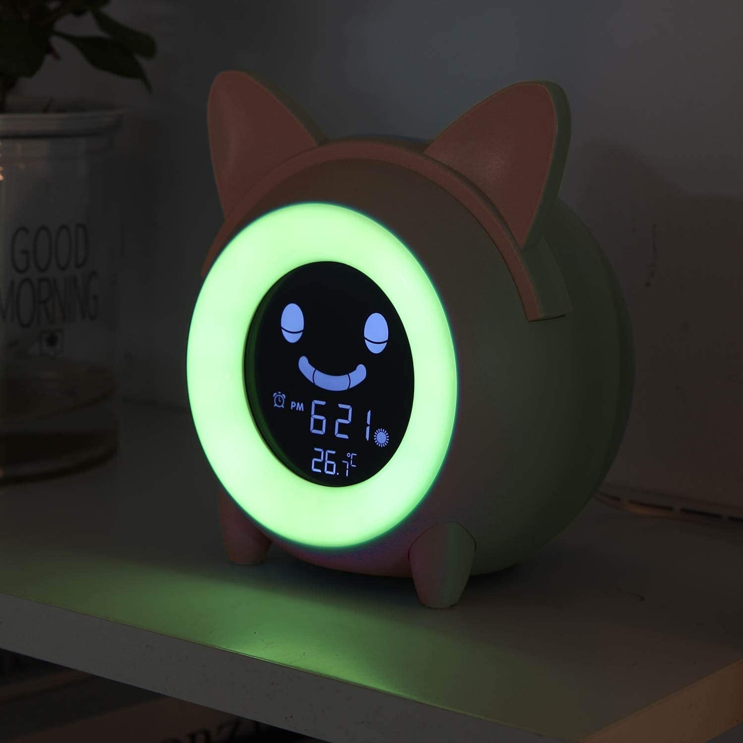 Kids Alarm Clock, Children'S Sleep Trainer, OK to Wake Clock for Bedroom Cute Digital Clock with Temperature, 5 Colors Smart Night Light Clock Teaching Boys Girls When to Wake up (Pink)