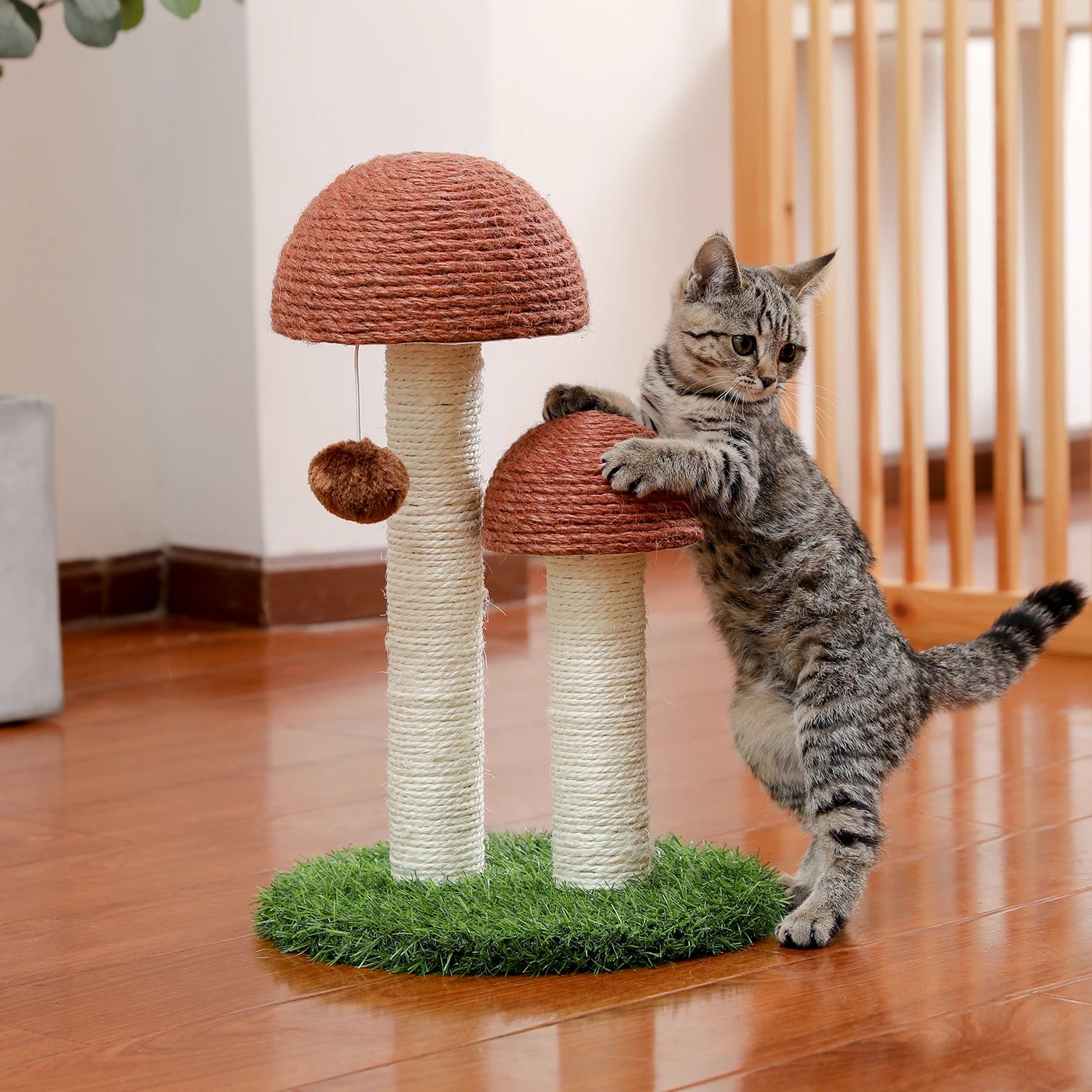 Cat Scratcher Mushroom Funny Kitten Double Scratching Sisal Posts Cat Training Toys for Kittens and Cats with Hanging Ball