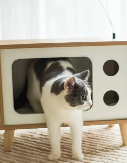 Load image into Gallery viewer, Purr-View Retro TV Cat Condo with Jute Scratching Pad &amp; Washable Mat, Cat Tree House
