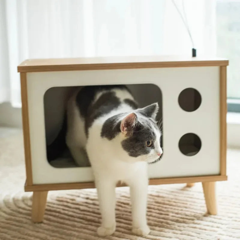 Purr-View Retro TV Cat Condo with Jute Scratching Pad & Washable Mat, Cat Tree House