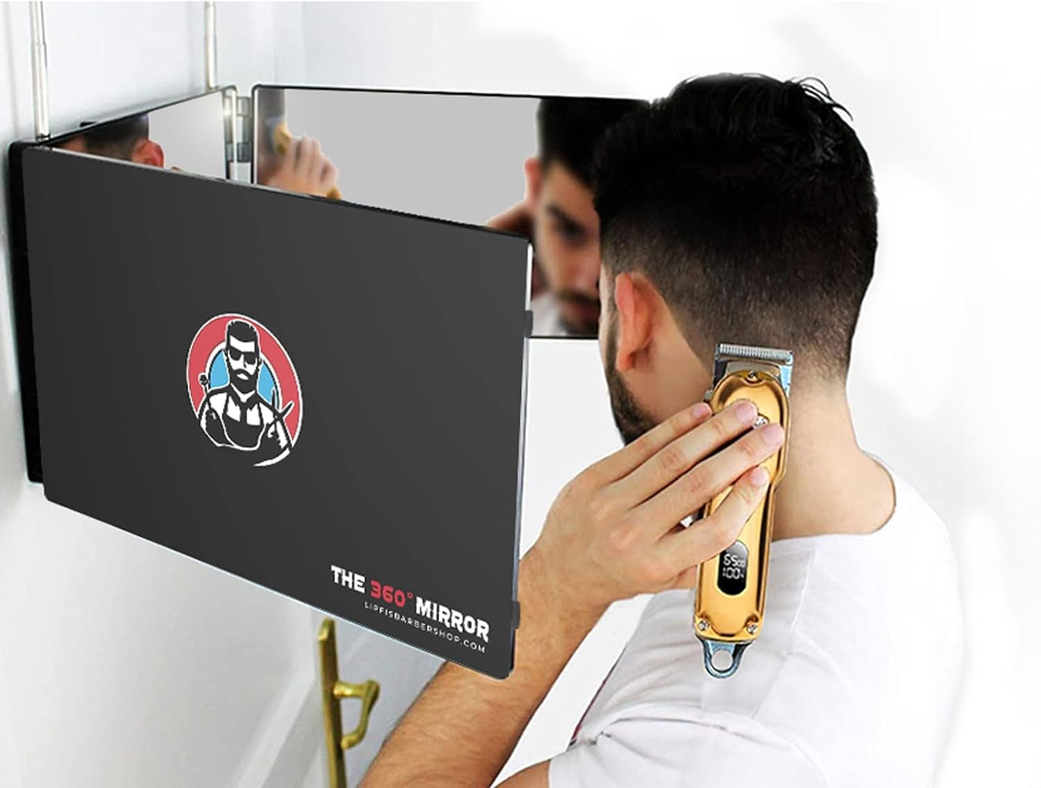 The 360 Mirror - Adjustable Door Mount Telescoping Hooks - Self Haircut Mirror for Men - 3 Way Mirror for Hair Cutting