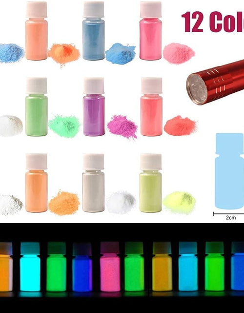 Load image into Gallery viewer, Glow in the Dark Pigment Powder, 12 Color 0.7Oz/20G Epoxy Resin Luminous Powder Set for Resin Art, Nail Art, Acrylic Paint and DIY Crafts, Safe and Long Lasting
