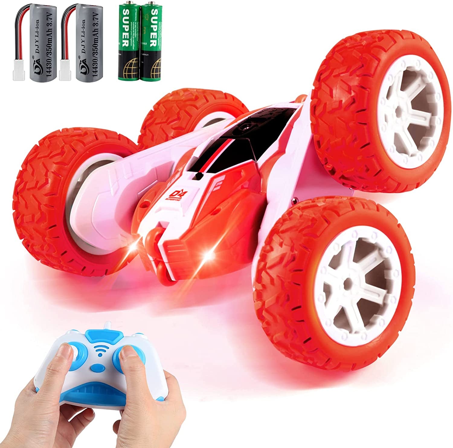 Remote Control Car, 2.4GHZ-4WD Rc Cars,Double Sided 360Degree Tumbling and Rotating Stunt Car with Colorful Lights, Electric Toy Cars Are Great Gifts for Boys and Girls (Red)
