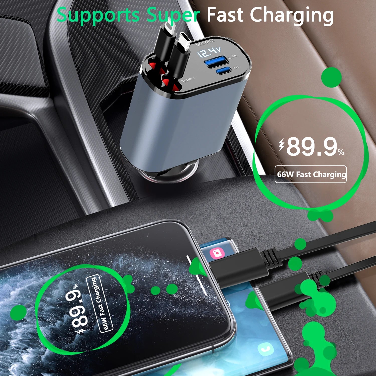 2024 New Retractable Car Charger 4 In1 Fast Car Phone Charger 66W Retractable Cables (2.6Ft) and 2 USB Ports Car Charger Adapter