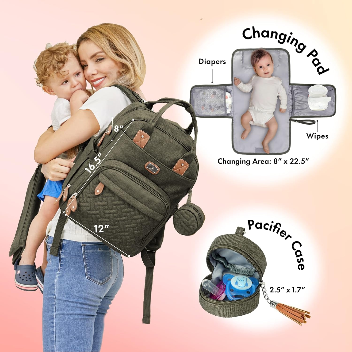 Diaper Bag Backpack with Portable Changing Pad, Pacifier Case and Stroller Straps, Large Unisex Baby Bags for Boys Girls, Multipurpose Travel Back Pack for Moms Dads, Army Green