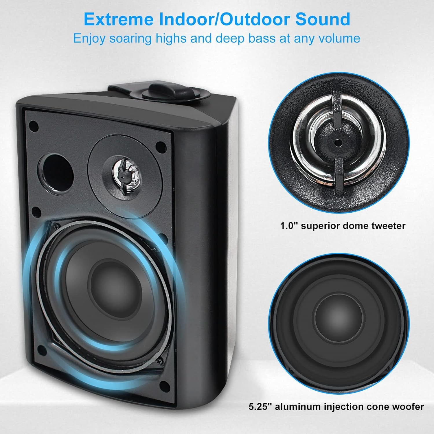 5.25 Inch Indoor Outdoor Bluetooth Speakers Patio Waterproof Wired Wall Mount System 300 Watts (Black)