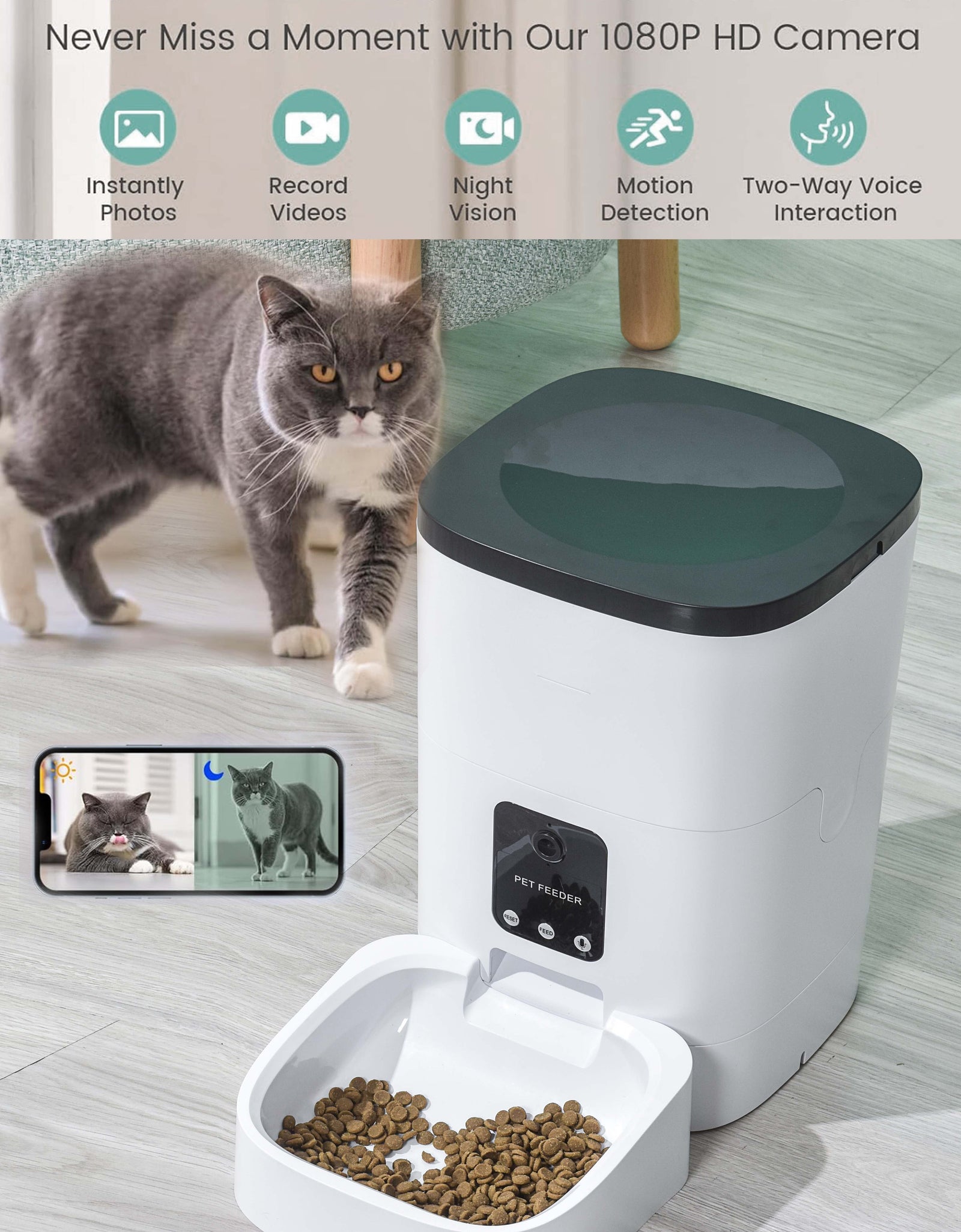 Pet Feeder,6L Automatic Pet Feeder for Cats and Dogs,1080P Camera,App Control,Voice Recorder,Timed Feeder for Schedule Feeding, Dual Power Supply,Wifi Pet Food Dispenser with App Control