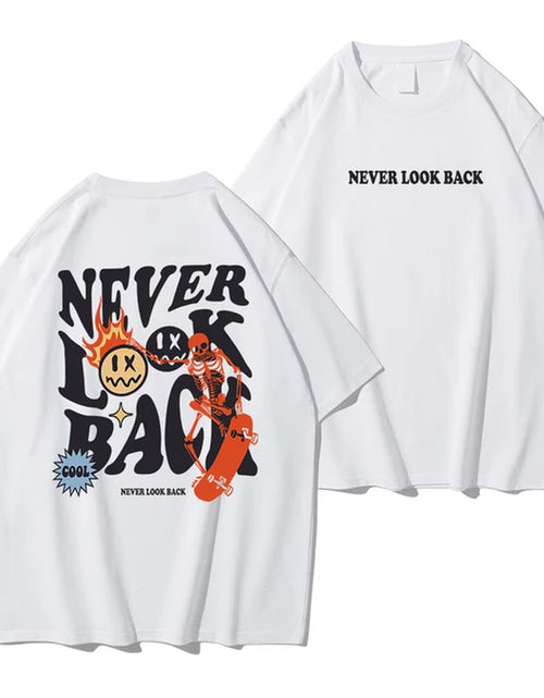 Load image into Gallery viewer, Never Look Back Creative Smile Skull Printing Cartoons Street Print Tshirt Man Loose Tee Clothes Cotton Crewneck Tops T-Shirt
