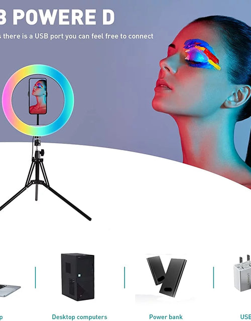Load image into Gallery viewer, 13&quot; LED RGB Selfie Ring Light W/ Mini &amp; Extendable Tripod Stand &amp; Phone Holder 10 Brightness Level 26 Light Modes Dimmable Ringlight for Beauty Makeup Live Streaming Youtube Video Photography Shooting
